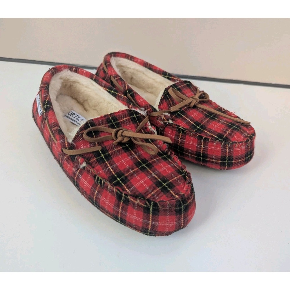 PORTLAND BOOT COMPANY Womens Sz 8 Slippers Moccasin Red Plaid Faux Fur New